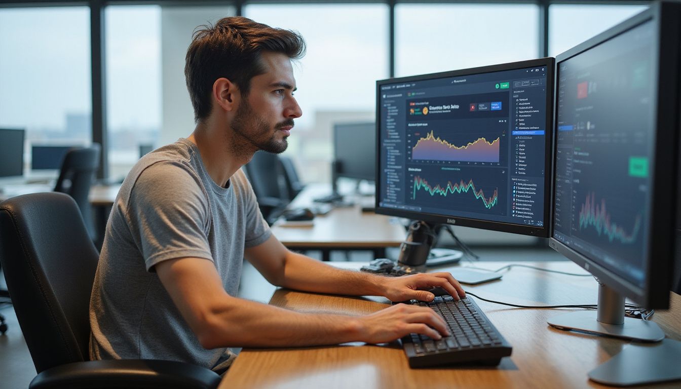 A focused individual analysing customer service analytics at a modern workstation. A focused individual analysing customer service analytics at a modern workstation.