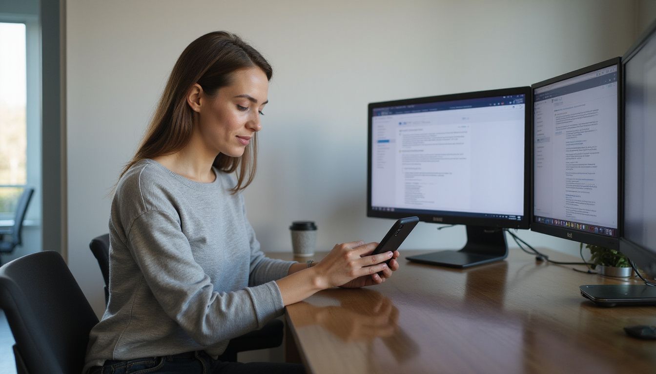 A focused woman engages with her smartphone in a modern office. A focused woman engages with her smartphone in a modern office.