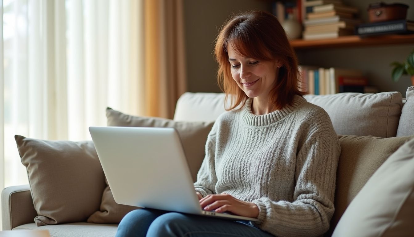 A middle-aged woman smiles while using her laptop on a sofa. A middle-aged woman smiles while using her laptop on a sofa.