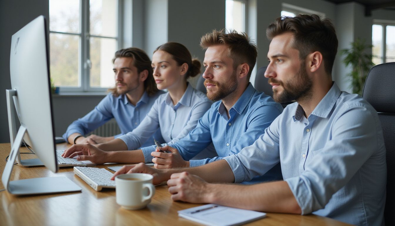 A team of customer support agents collaborate at a modern office desk. A team of customer support agents collaborate at a modern office desk.