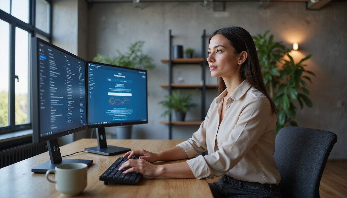 A young professional woman focused on multiple computer monitors at work. A young professional woman focused on multiple computer monitors at work.