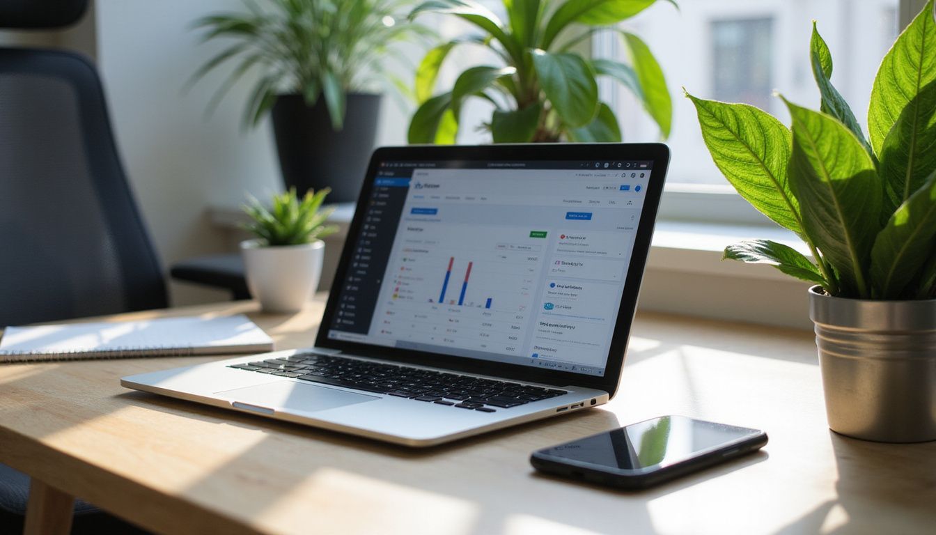 A tidy desk showcases a laptop, smartphone, and vibrant houseplants. A tidy desk showcases a laptop, smartphone, and vibrant houseplants.