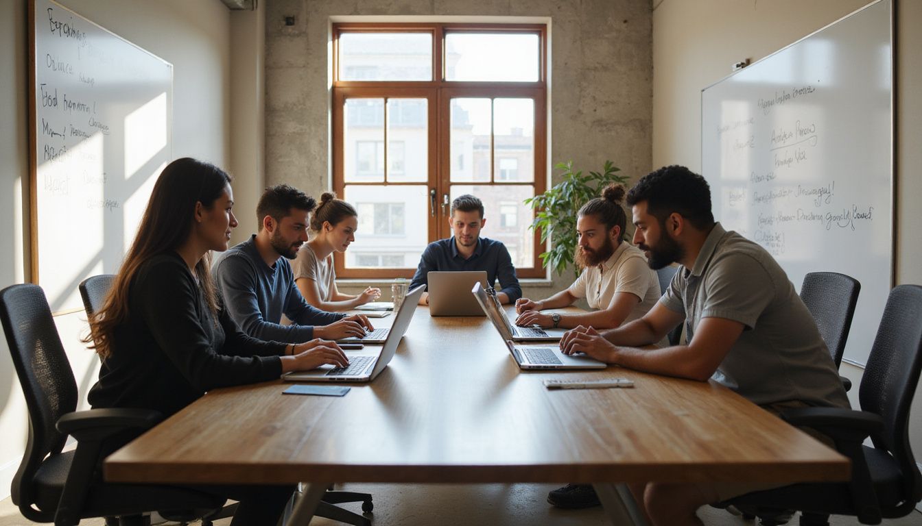 A diverse group collaborates focusedly around a modern conference table. A diverse group collaborates focusedly around a modern conference table.