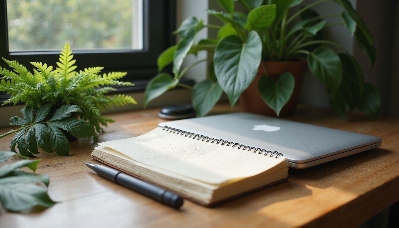 A minimalist workspace features a laptop, notebook, and lush plants. A minimalist workspace features a laptop, notebook, and lush plants.
