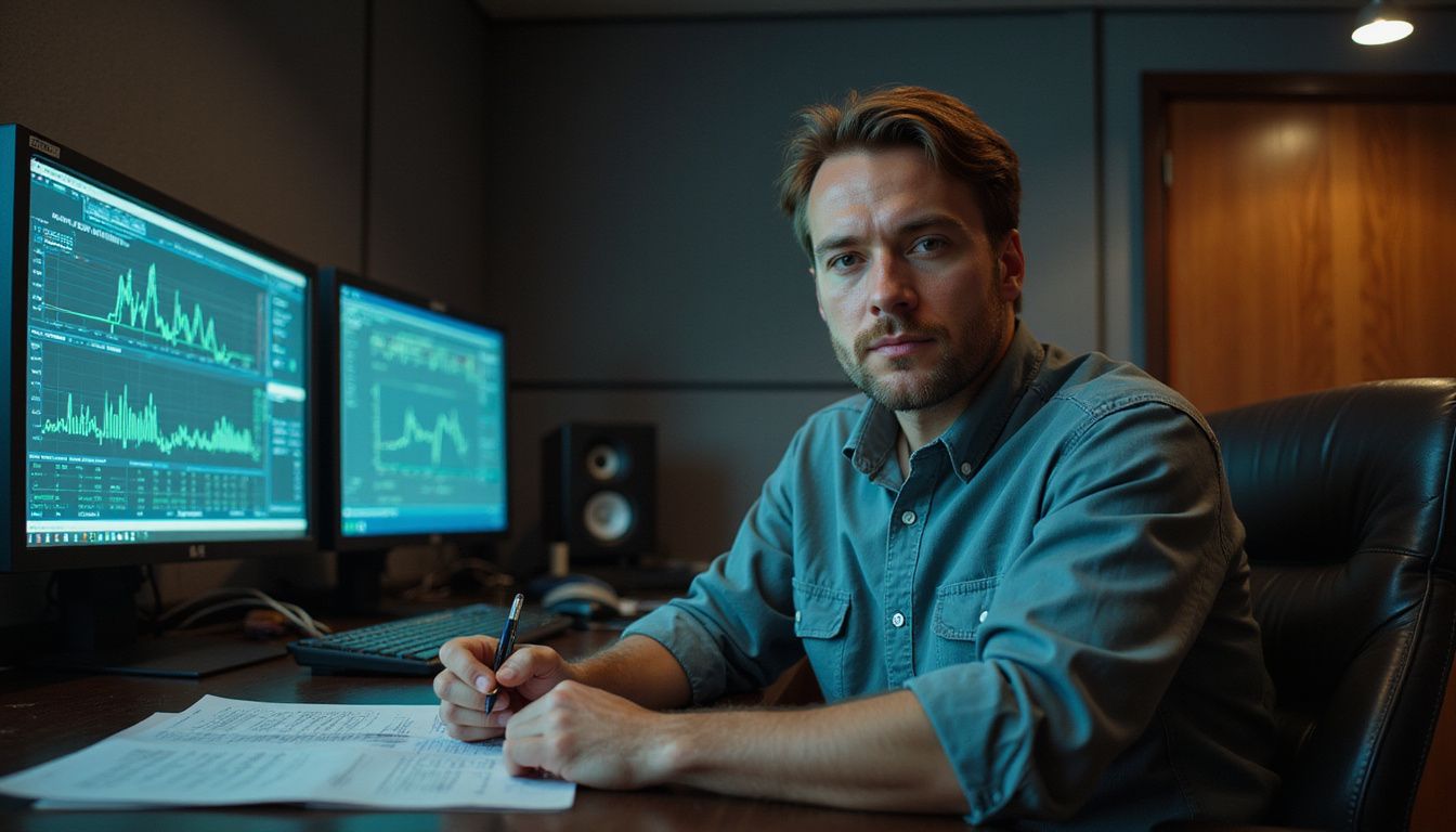A focused man sits in a busy control room surrounded by monitors. A focused man sits in a busy control room surrounded by monitors.
