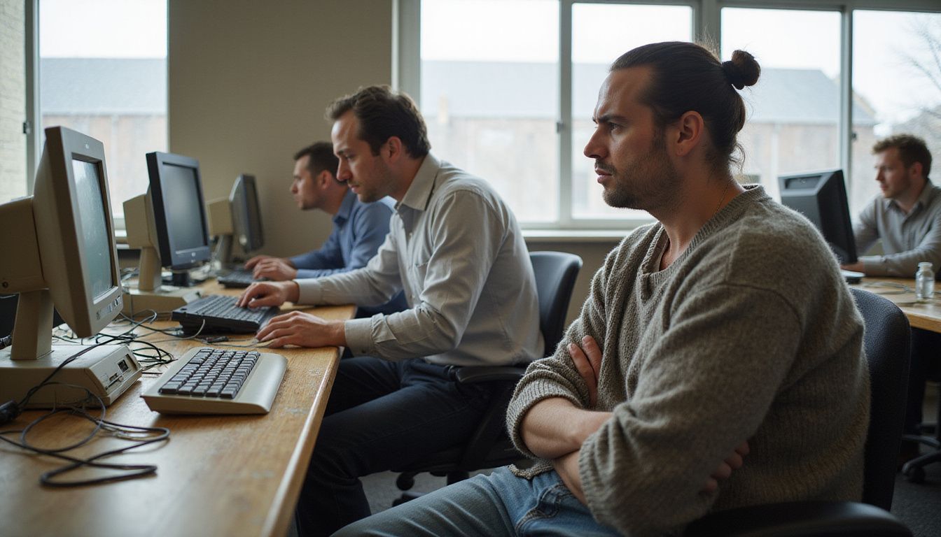 Frustrated employees work at outdated desks with aging technology. Frustrated employees work at outdated desks with aging technology.