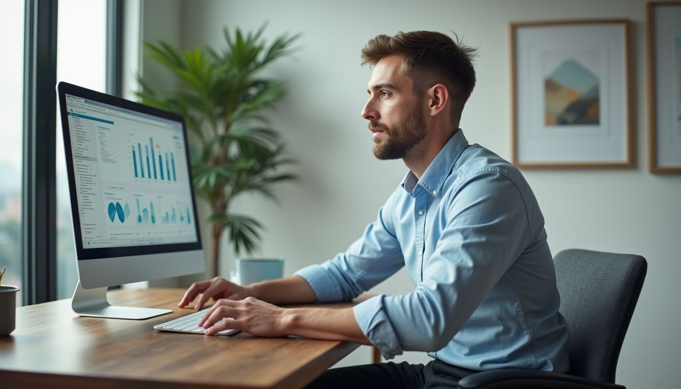 A focused man analyses data on a computer in a modern office. A focused man analyses data on a computer in a modern office.