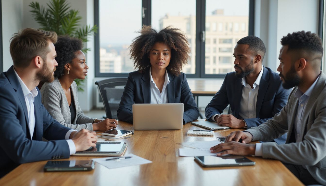 A diverse team engages in a collaborative brainstorming session at a conference table. A diverse team engages in a collaborative brainstorming session at a conference table.