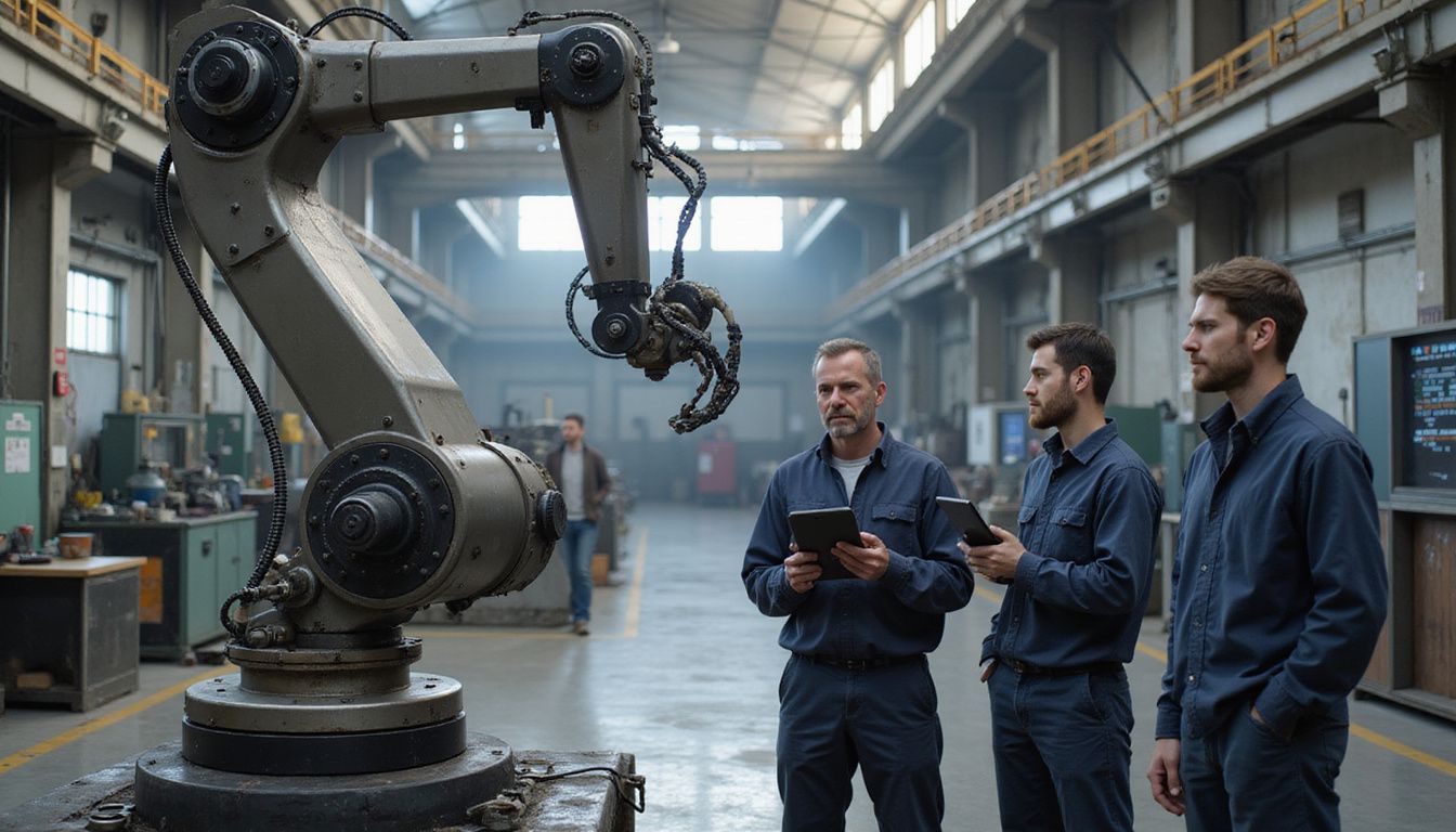 A robotic arm performs maintenance amid focused workers in an industrial factory. A robotic arm performs maintenance amid focused workers in an industrial factory.