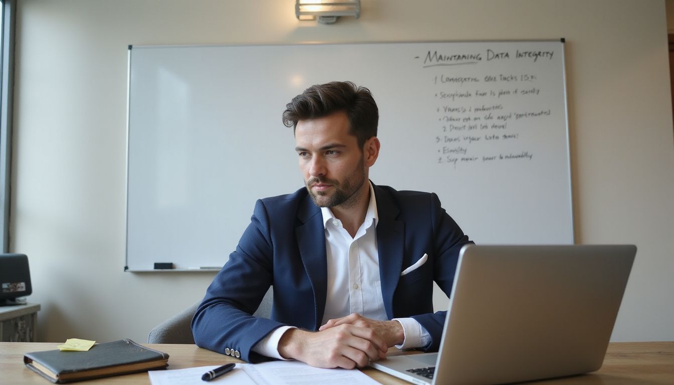A focused professional works diligently at a cluttered office desk. A focused professional works diligently at a cluttered office desk.