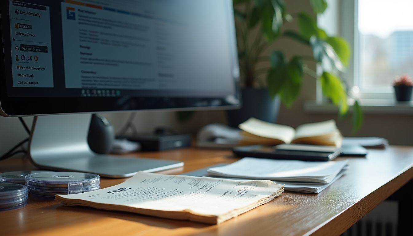 An empty office desk cluttered with neglected materials and outdated technology. An empty office desk cluttered with neglected materials and outdated technology.