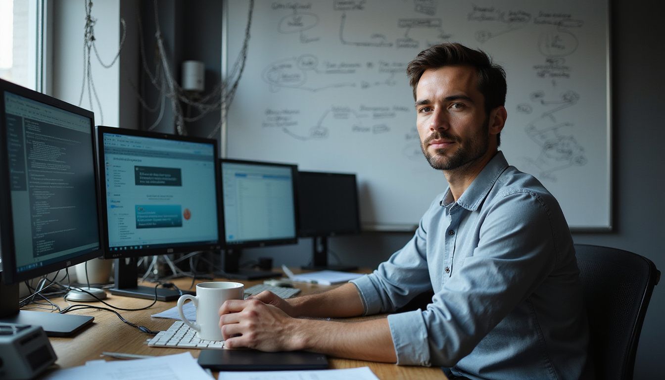 A man works at a cluttered desk with multiple computer monitors. A man works at a cluttered desk with multiple computer monitors.