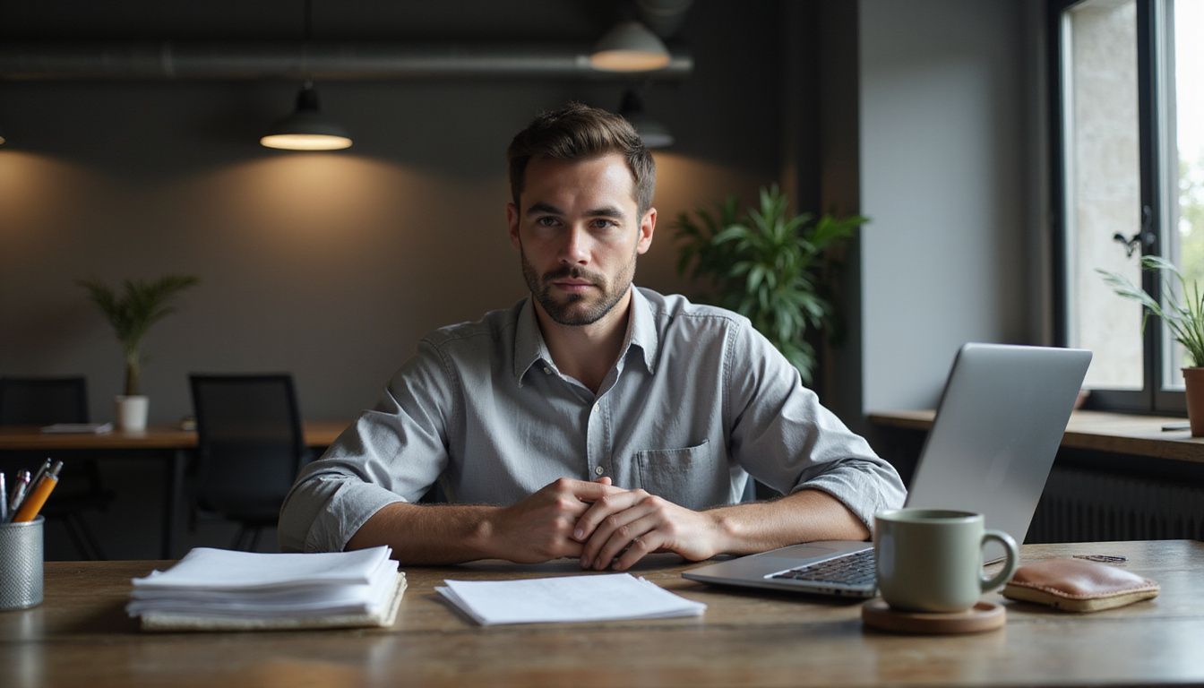 A focused man works diligently at a cluttered wooden desk. A focused man works diligently at a cluttered wooden desk.