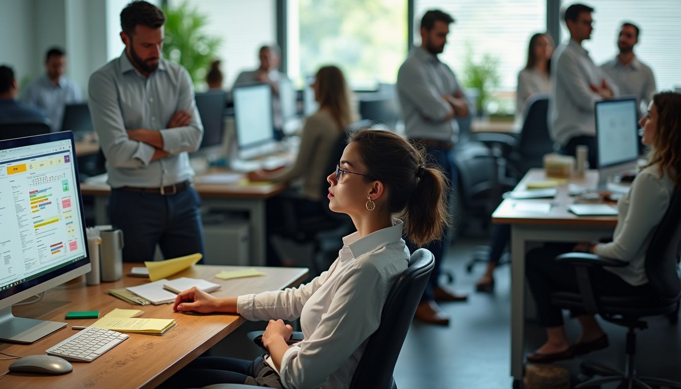 Professionals display subtle frustration in a cluttered, inefficient office environment. Professionals display subtle frustration in a cluttered, inefficient office environment.