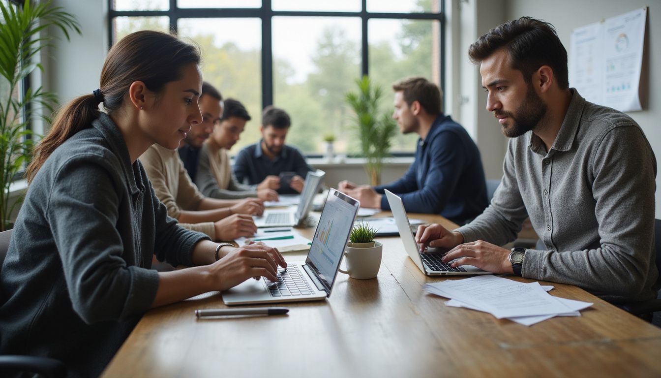 A diverse team collaborates in a contemporary open-plan office environment. A diverse team collaborates in a contemporary open-plan office environment.