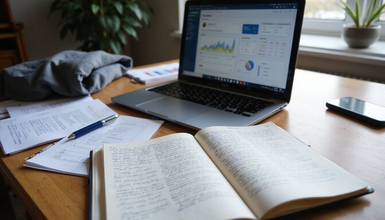 A cluttered office desk with a laptop, documents, and notes. A cluttered office desk with a laptop, documents, and notes.