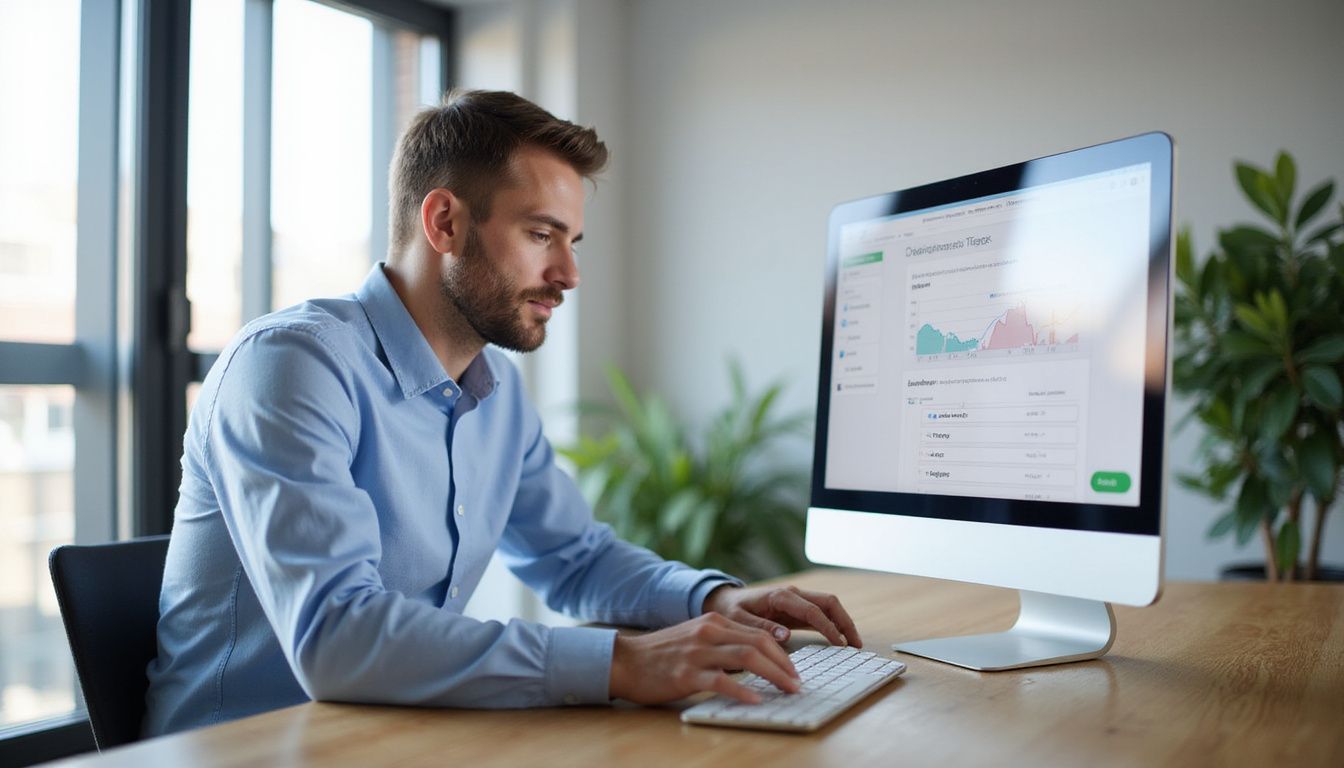 A focused man customises a dashboard on his computer in an office. A focused man customises a dashboard on his computer in an office.