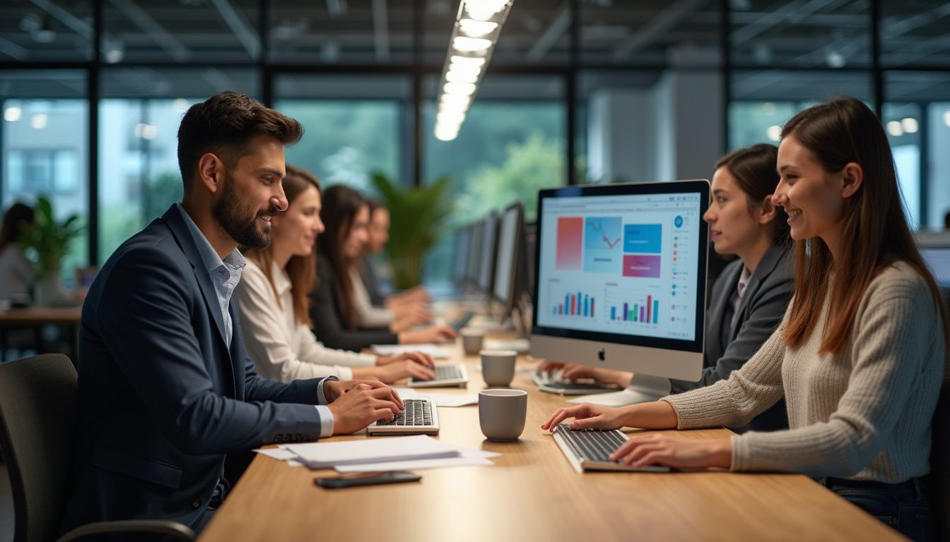 A diverse sales team collaborates in a modern, vibrant office space. A diverse sales team collaborates in a modern, vibrant office space.