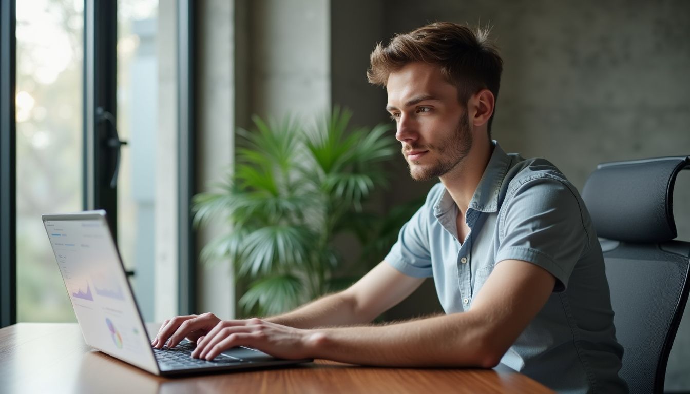 A man works intently at a modern office desk.