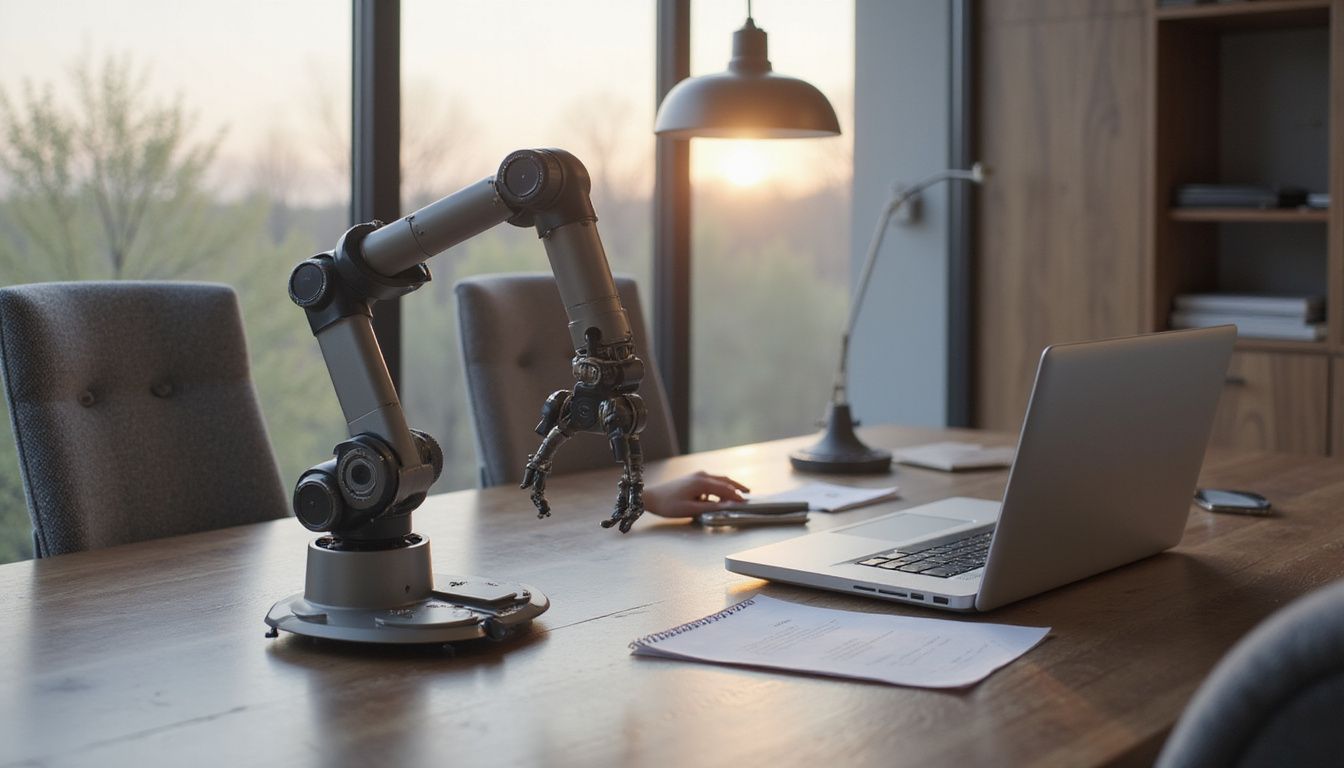 An advanced AI robotic arm on a modern walnut desk.