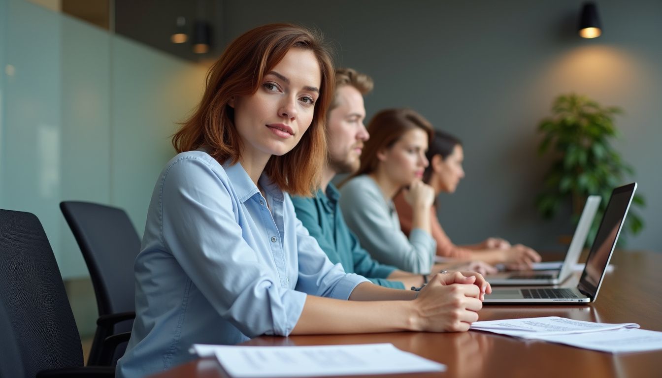 A woman attentively engages in a collaborative office meeting.