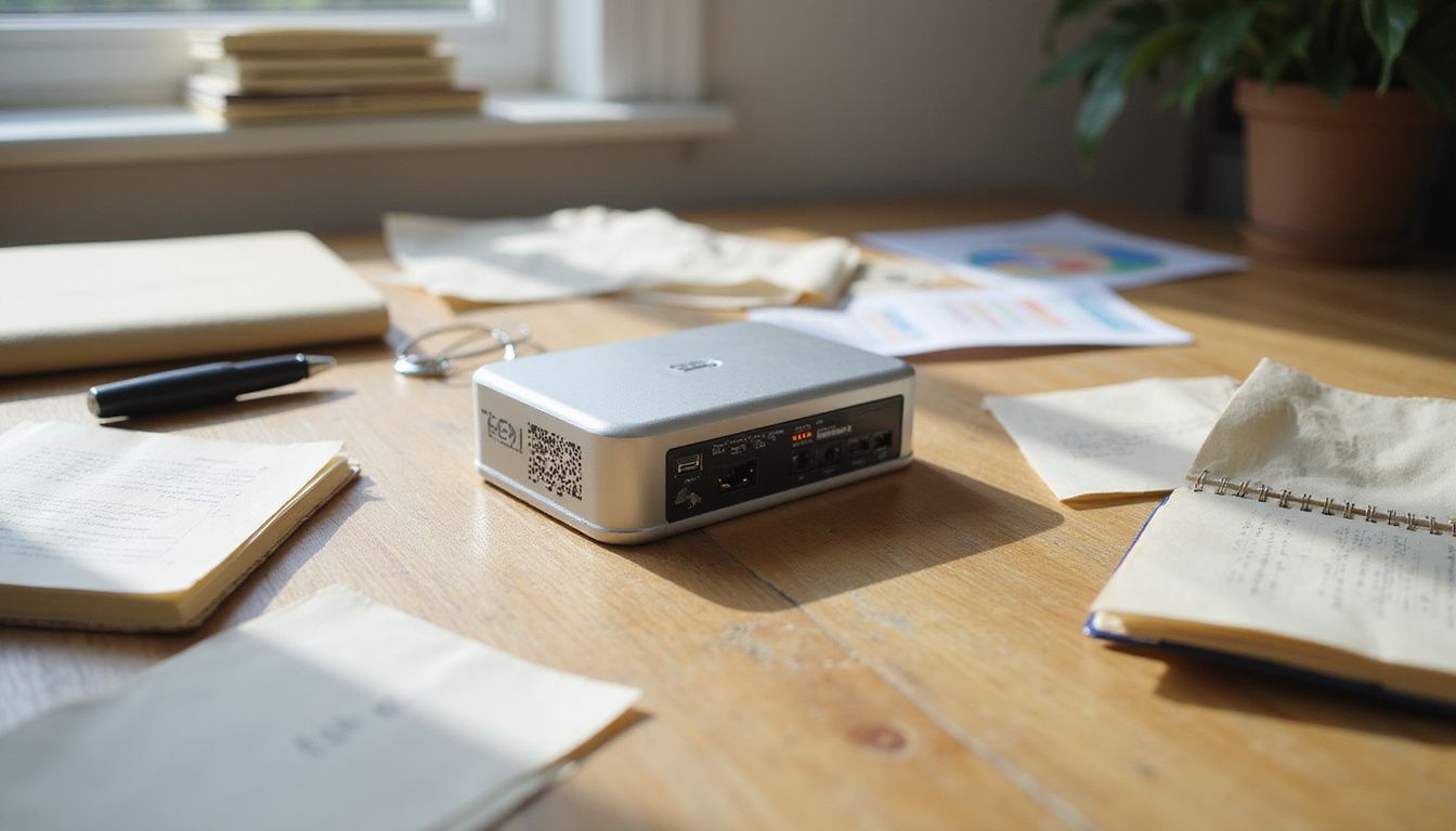 A neat office desk displays automation tools and scattered documents.