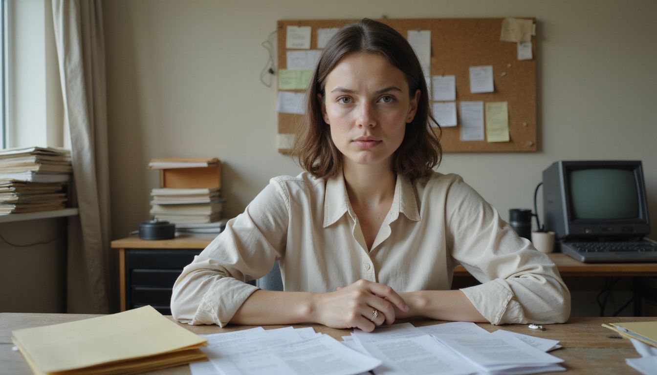 A stressed woman navigates a cluttered office desk filled with papers.