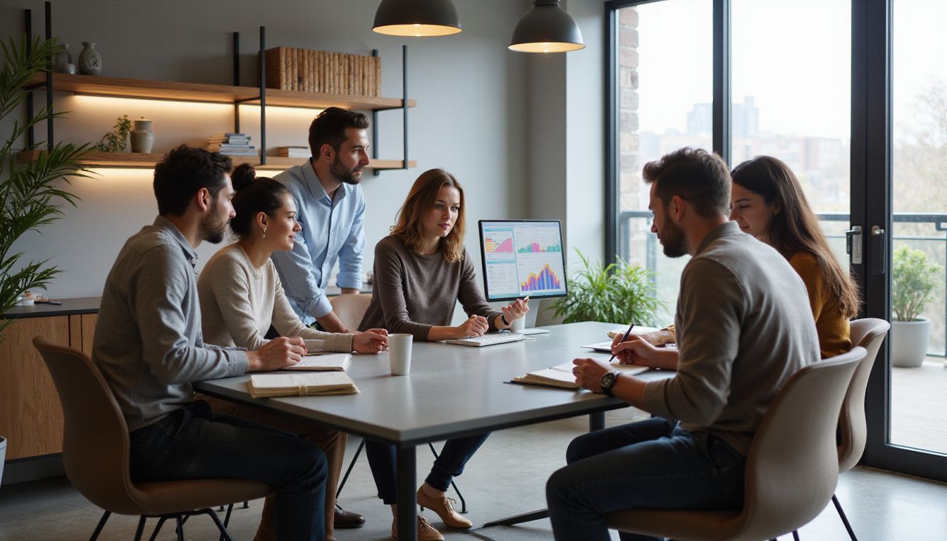 A diverse business team collaborates around a modern conference table.