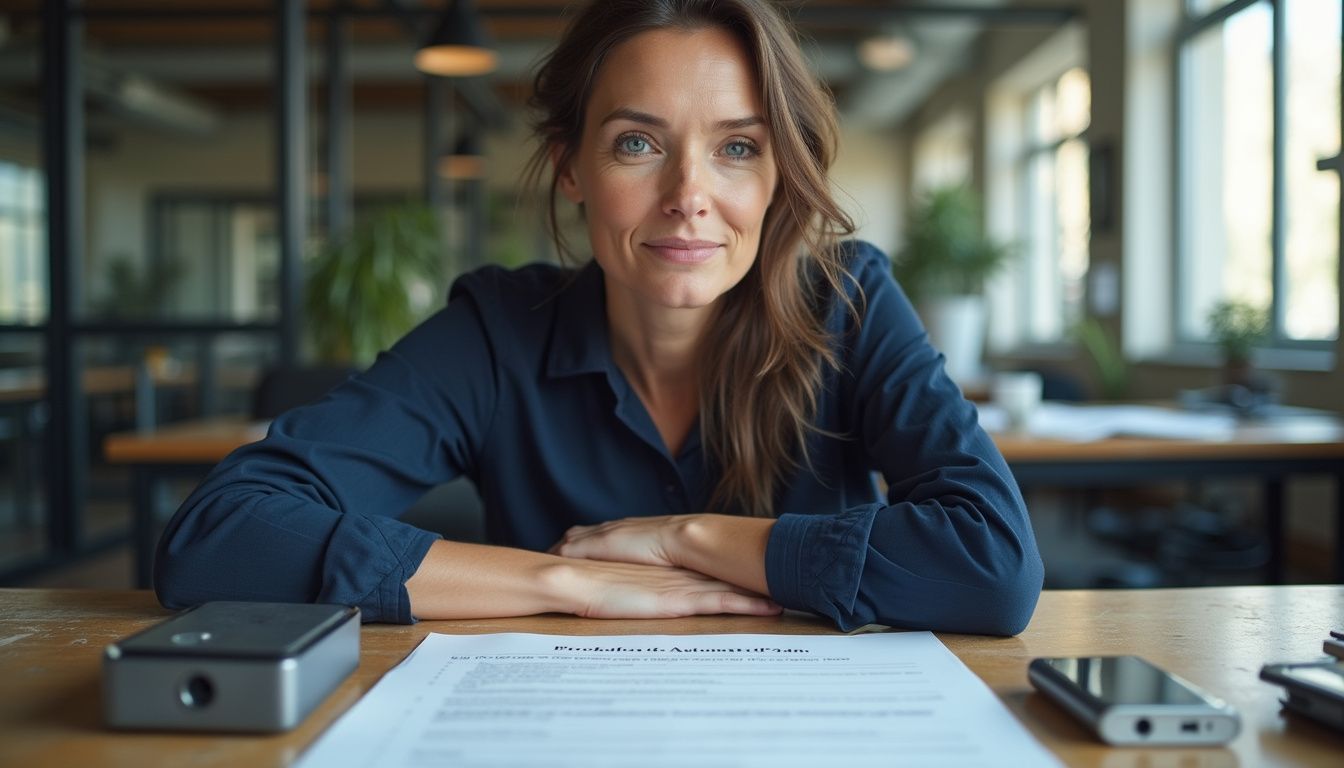 A woman thoughtfully reviews workflow automation plans at her office desk.