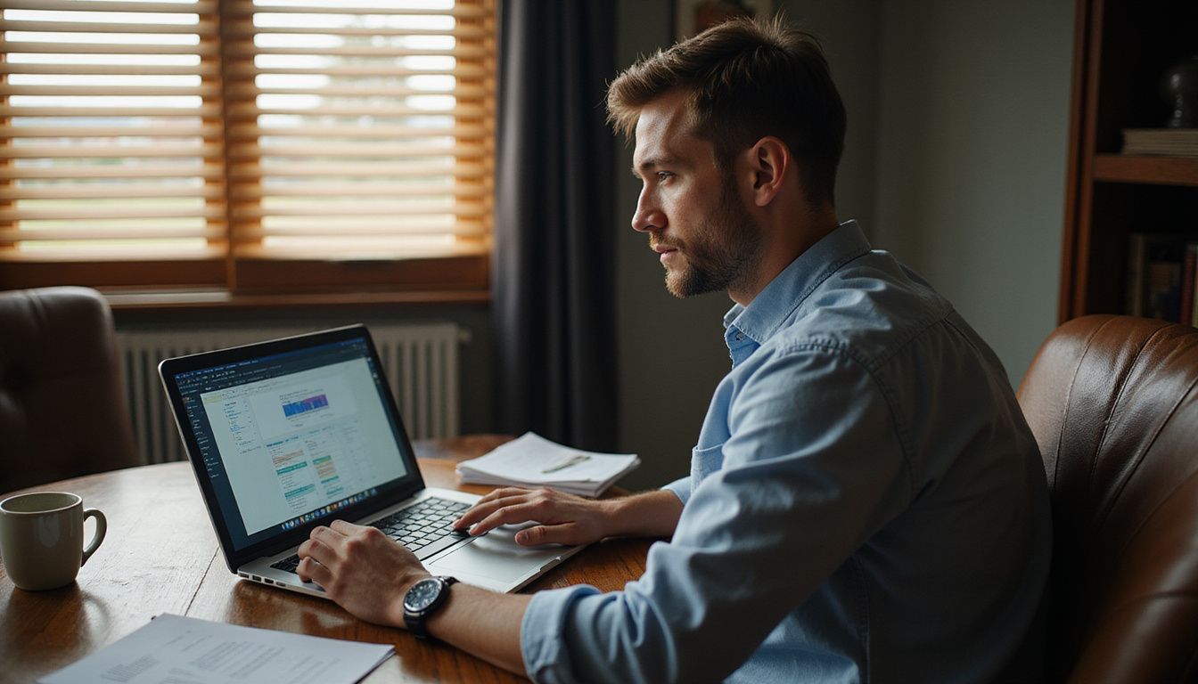 A person deeply focused on workflow automation software in a home office.
