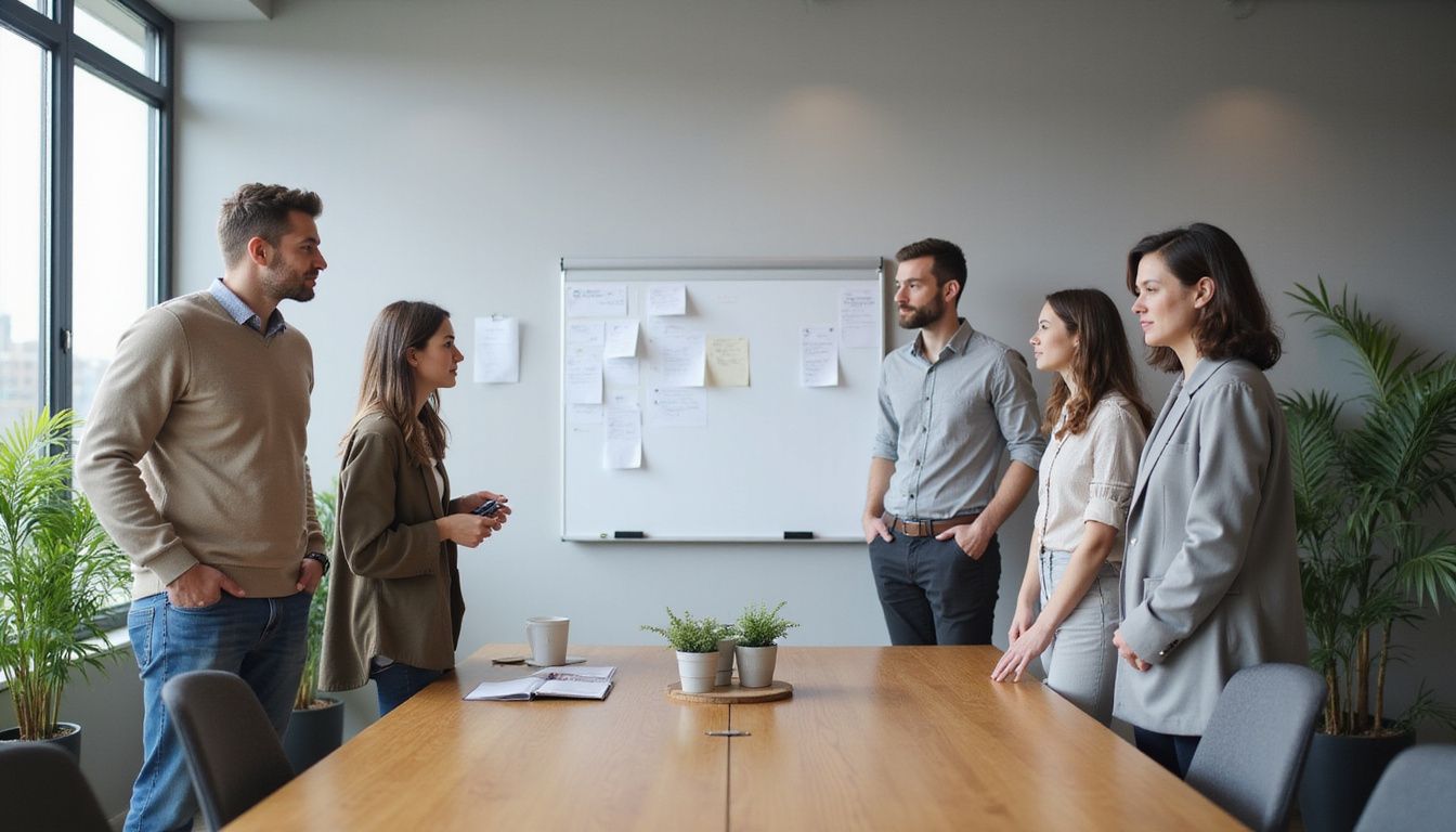 A collaborative team engages in problem-solving at a modern workspace.