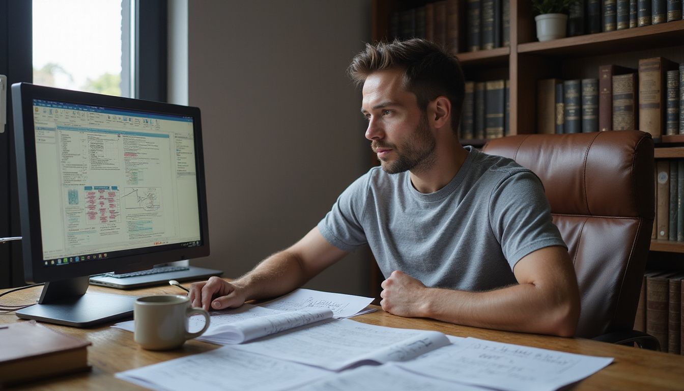A focused man works intently at his office desk.