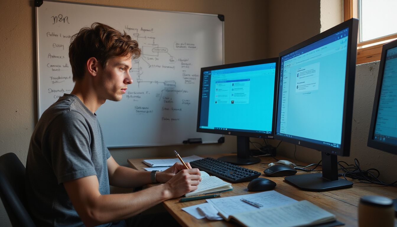 A focused individual works at a cluttered wooden desk surrounded by technology.