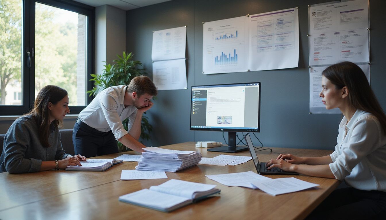 A busy office with employees engaged in legal document processing.