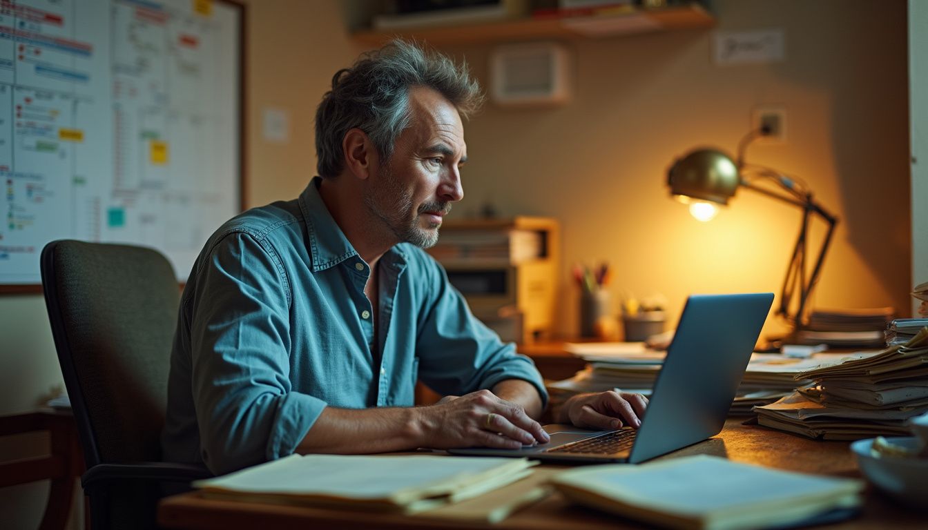 A contemplative man works amidst disordered papers in his home office.
