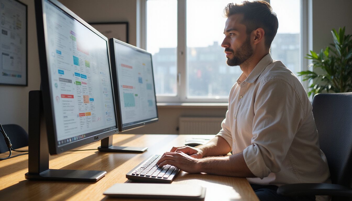A focused team member works at a modern desk with multiple monitors.