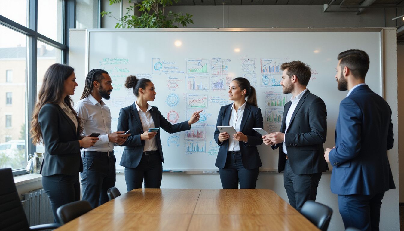 A diverse group of professionals collaborates intensely around a whiteboard.