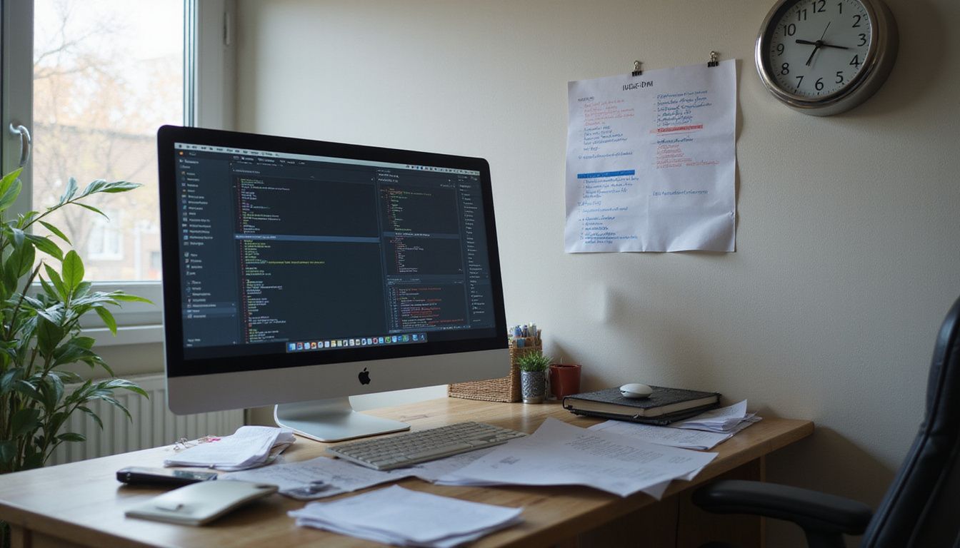 A cluttered office desk with paperwork and a glowing computer monitor.