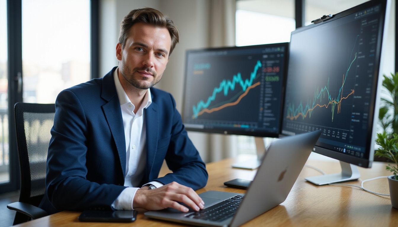 A focused man in a suit works at a modern desk. A focused man in a suit works at a modern desk.