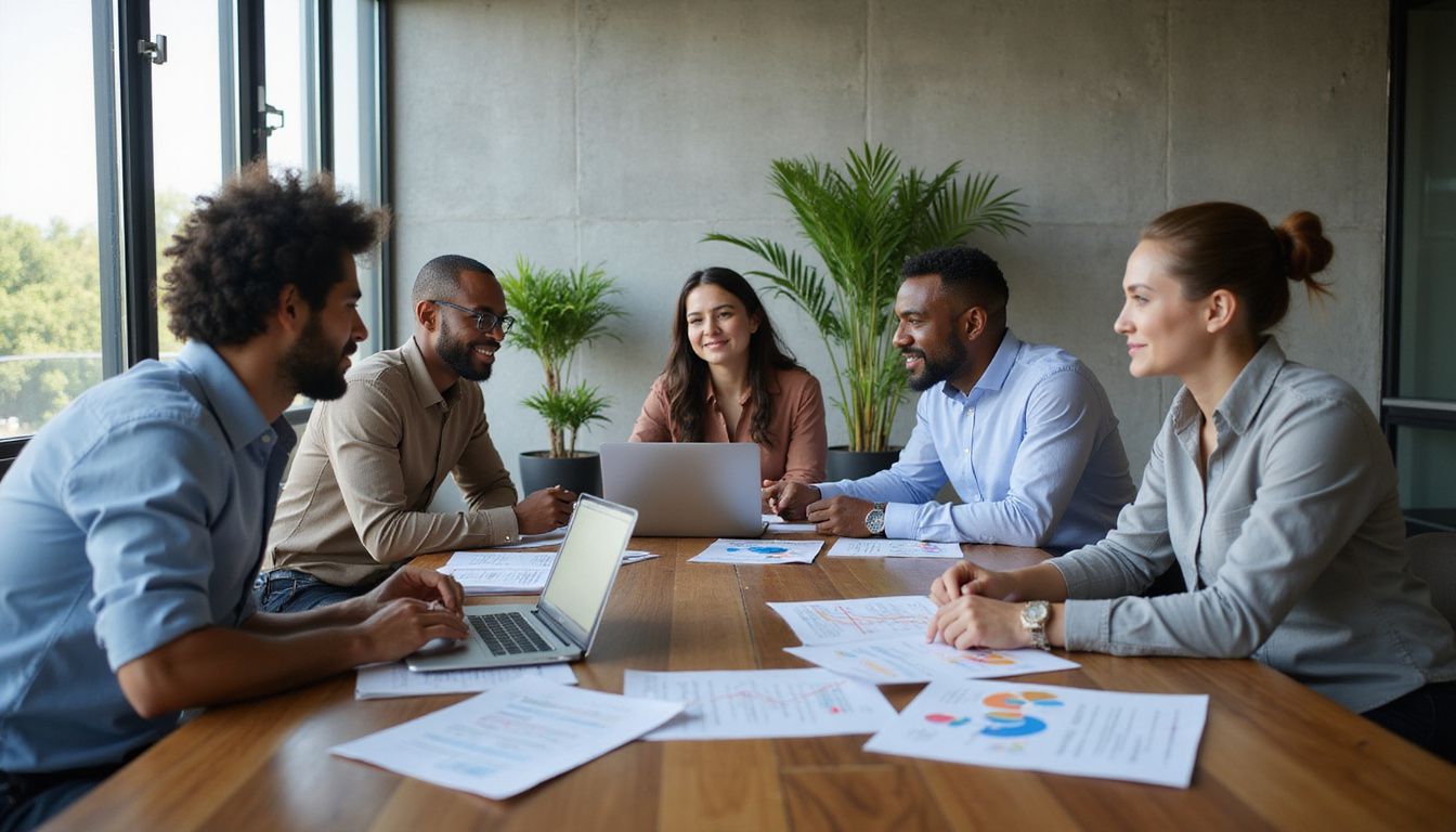 Professionals collaborate around a conference table in a modern office. Professionals collaborate around a conference table in a modern office.