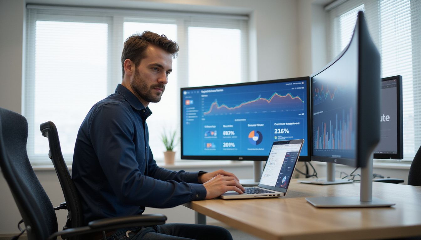 A focused man works at a modern desk surrounded by displays. A focused man works at a modern desk surrounded by displays.