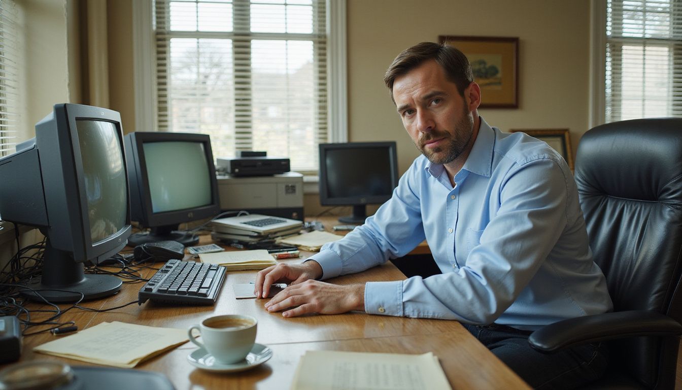 A cluttered office reflects struggle amid outdated technology and determination. A cluttered office reflects struggle amid outdated technology and determination.