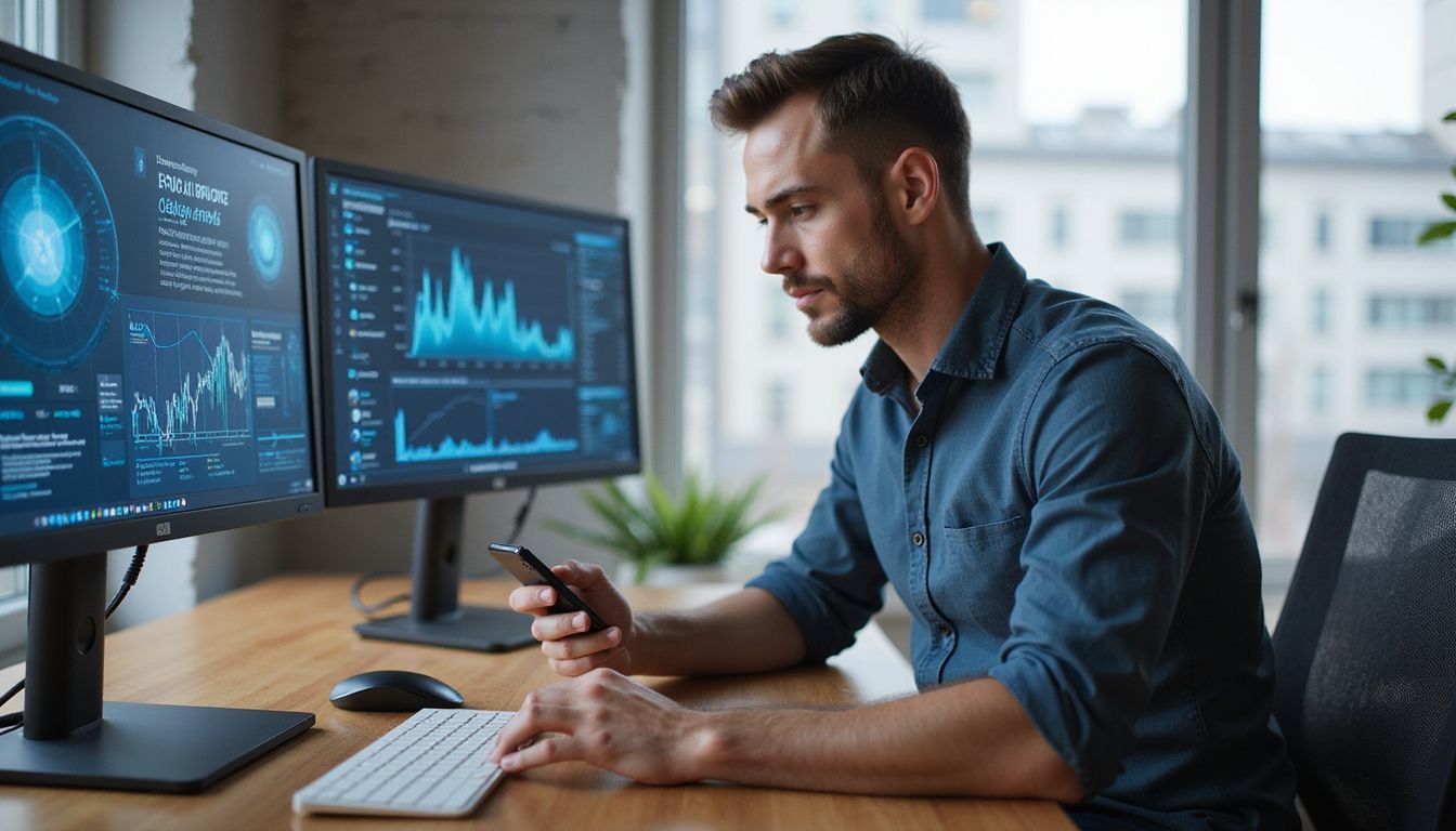 A man examines a smartphone amidst advanced technology in a modern office. A man examines a smartphone amidst advanced technology in a modern office.