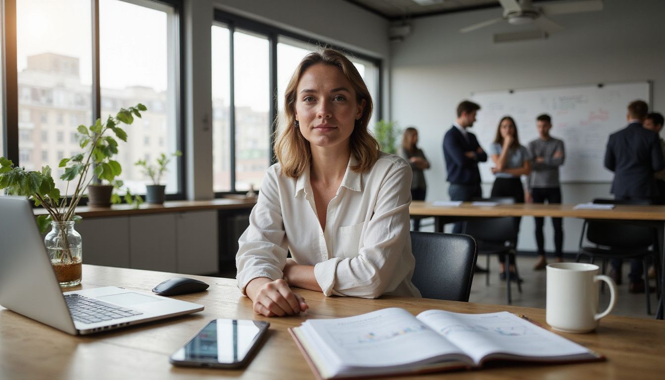A modern workspace featuring collaboration and technology in a professional setting. A modern workspace featuring collaboration and technology in a professional setting.