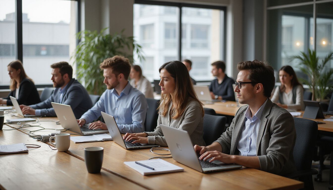 A bustling office filled with focused employees at polished wooden desks. A bustling office filled with focused employees at polished wooden desks.