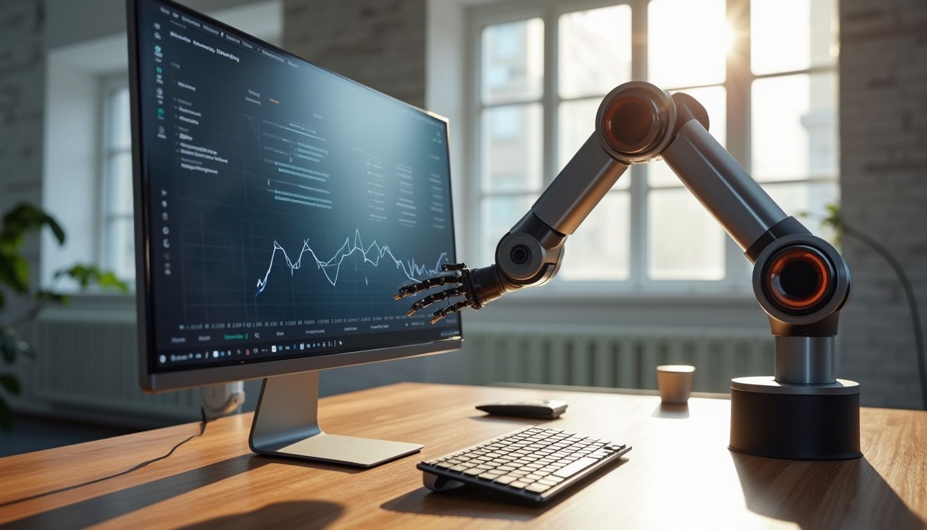 A modern office features a robotic arm manipulating a computer monitor. A modern office features a robotic arm manipulating a computer monitor.
