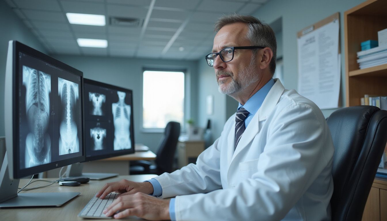 A focused doctor analyses X-ray scans in a hospital radiology room. A focused doctor analyses X-ray scans in a hospital radiology room.
