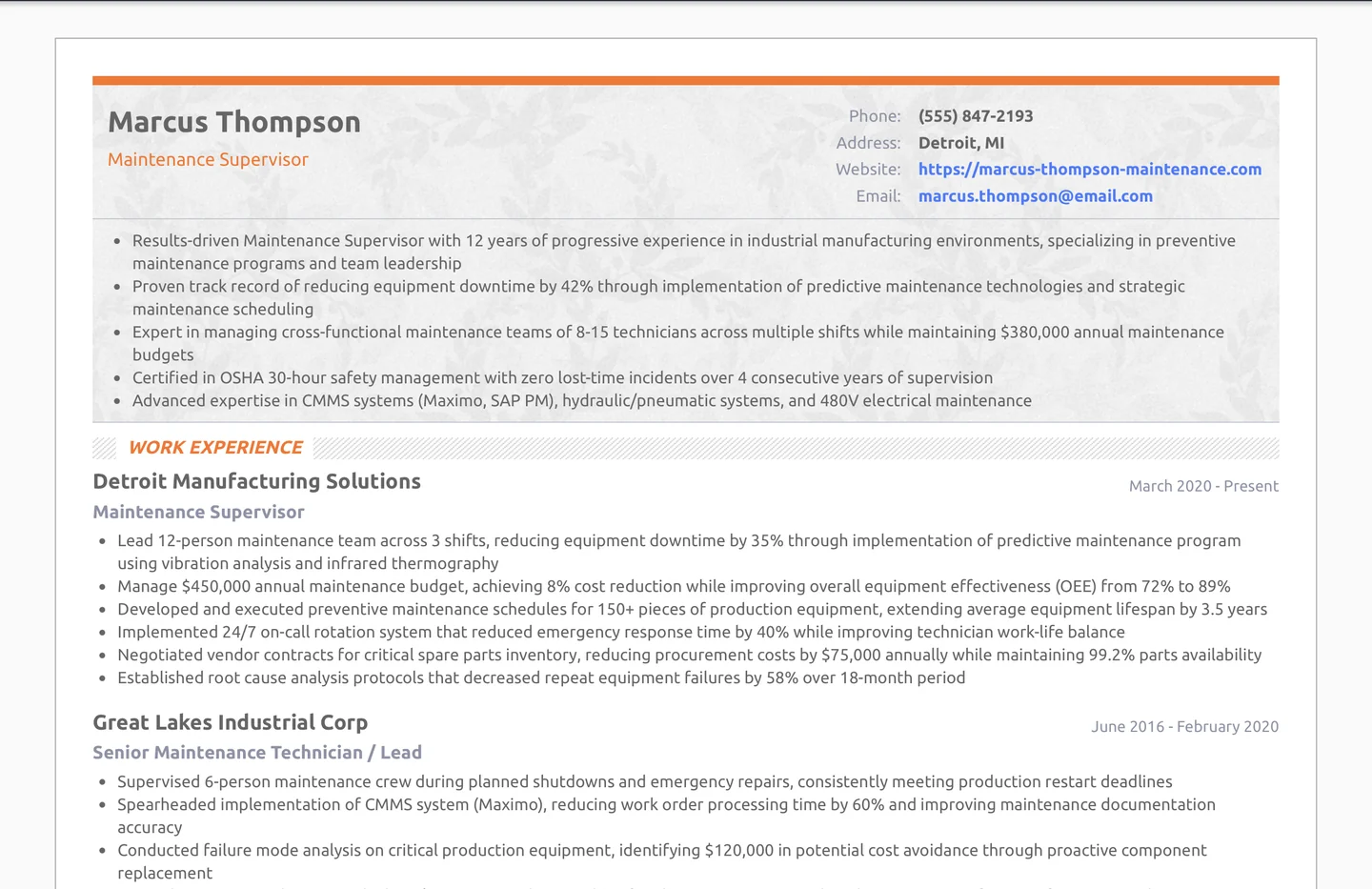 Maintenance Supervisor