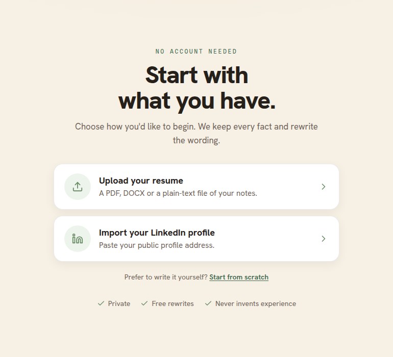 The Resumonk start page, with two choices, Upload your resume and Import your LinkedIn profile, above a link to start from scratch