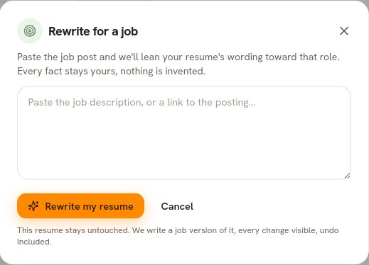 The Rewrite for a job dialog, with a field for the job post and a note that the original resume stays untouched